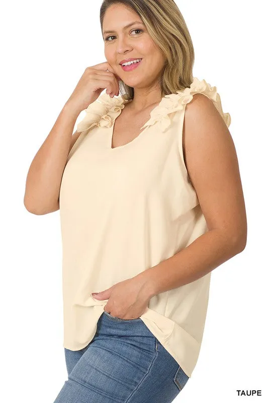 Plus Woven Wool Dobby Ruffle Trim Sleeveless Top