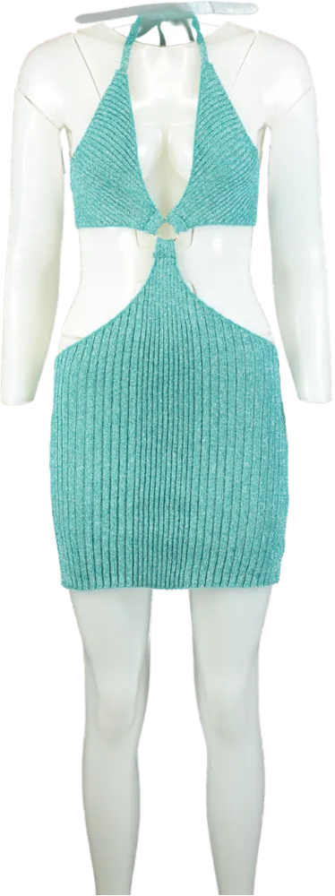 PrettyLittleThing Turquoise Glitter Knit Cut Out Mini Dress UK M