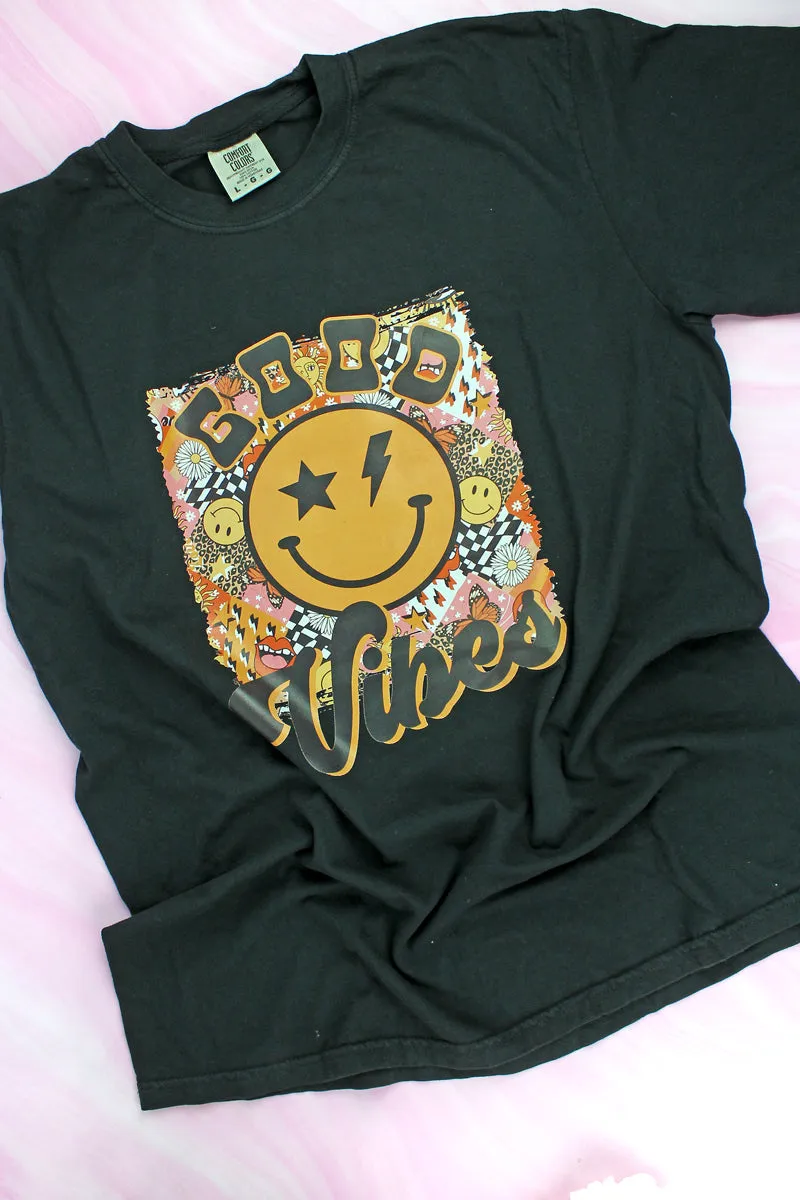 Psychedelic Good Vibes Happy Face Comfort Colors Adult Ring-Spun Cotton Tee
