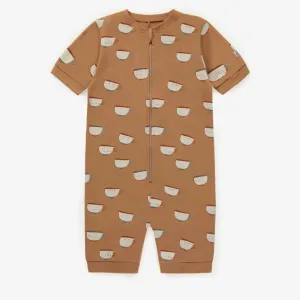Pyjama brun une pièce avec tasses en coton, enfant || Brown one piece pajama with mugs in cotton, child