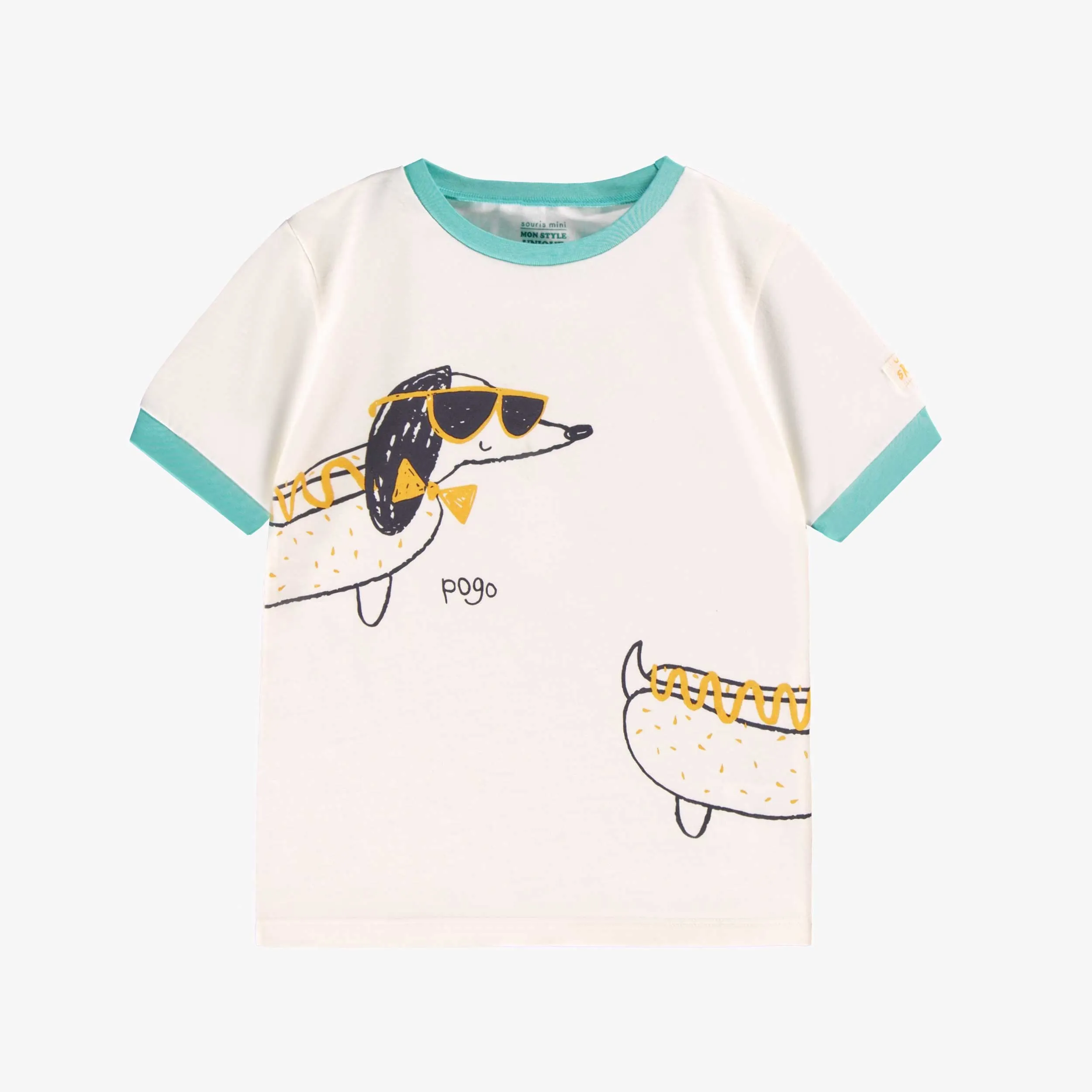 Pyjama deux pièces crème et turquoise avec illustration, enfant  || Cream and turquoise two-piece pajamas, child