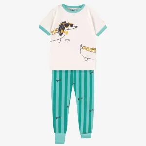 Pyjama deux pièces crème et turquoise avec illustration, enfant  || Cream and turquoise two-piece pajamas, child