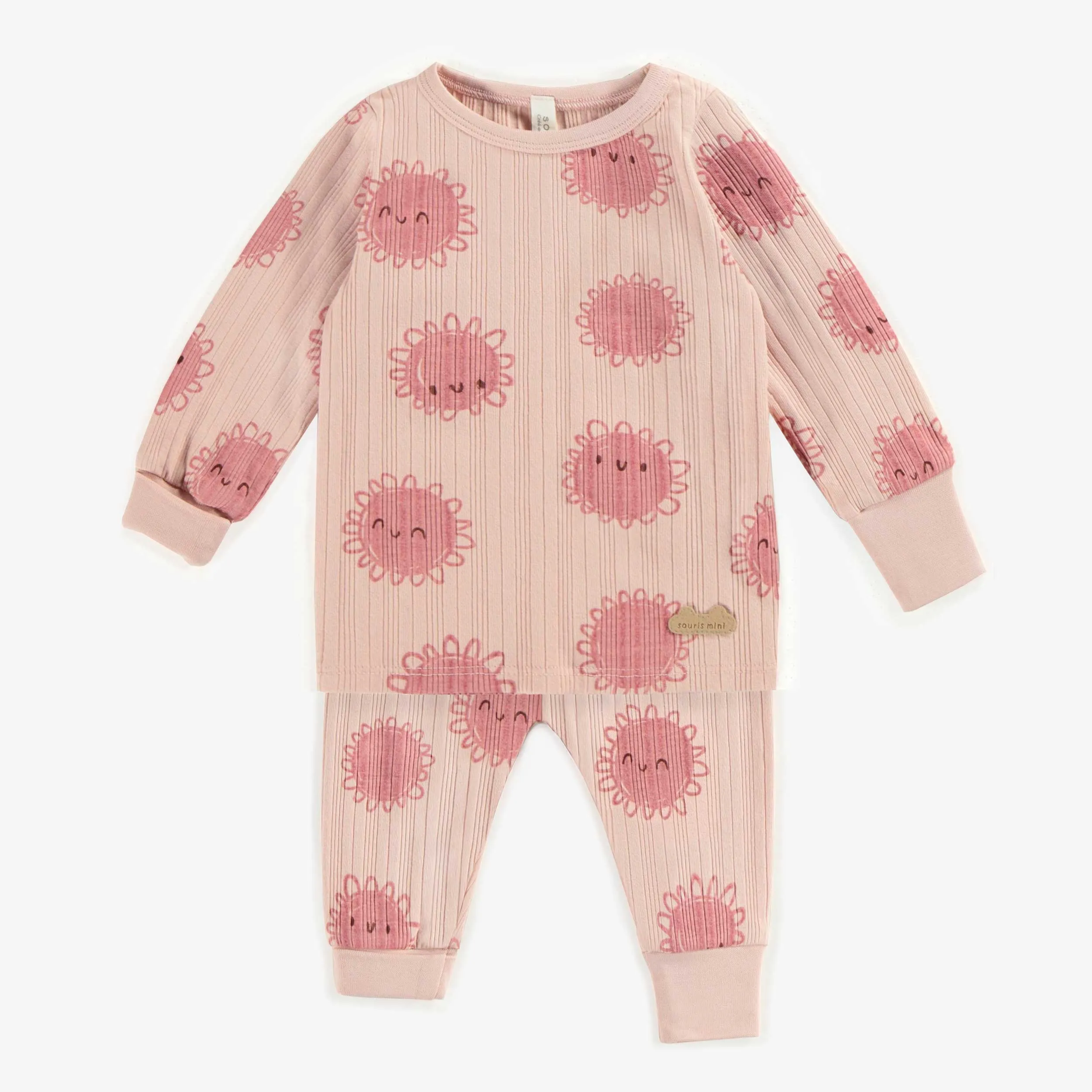 Pyjama deux-pièces rose à motifs coton, naissance || Pink patterned two-piece pajamas in cotton, newborn