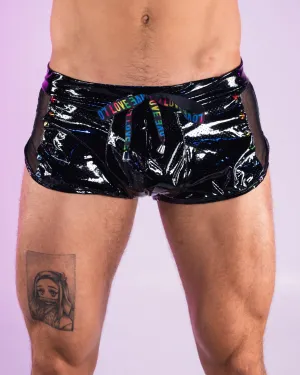 Rainbow Love Pride Men's Mesh Vinyl Runner Shorts w/ Stud Details