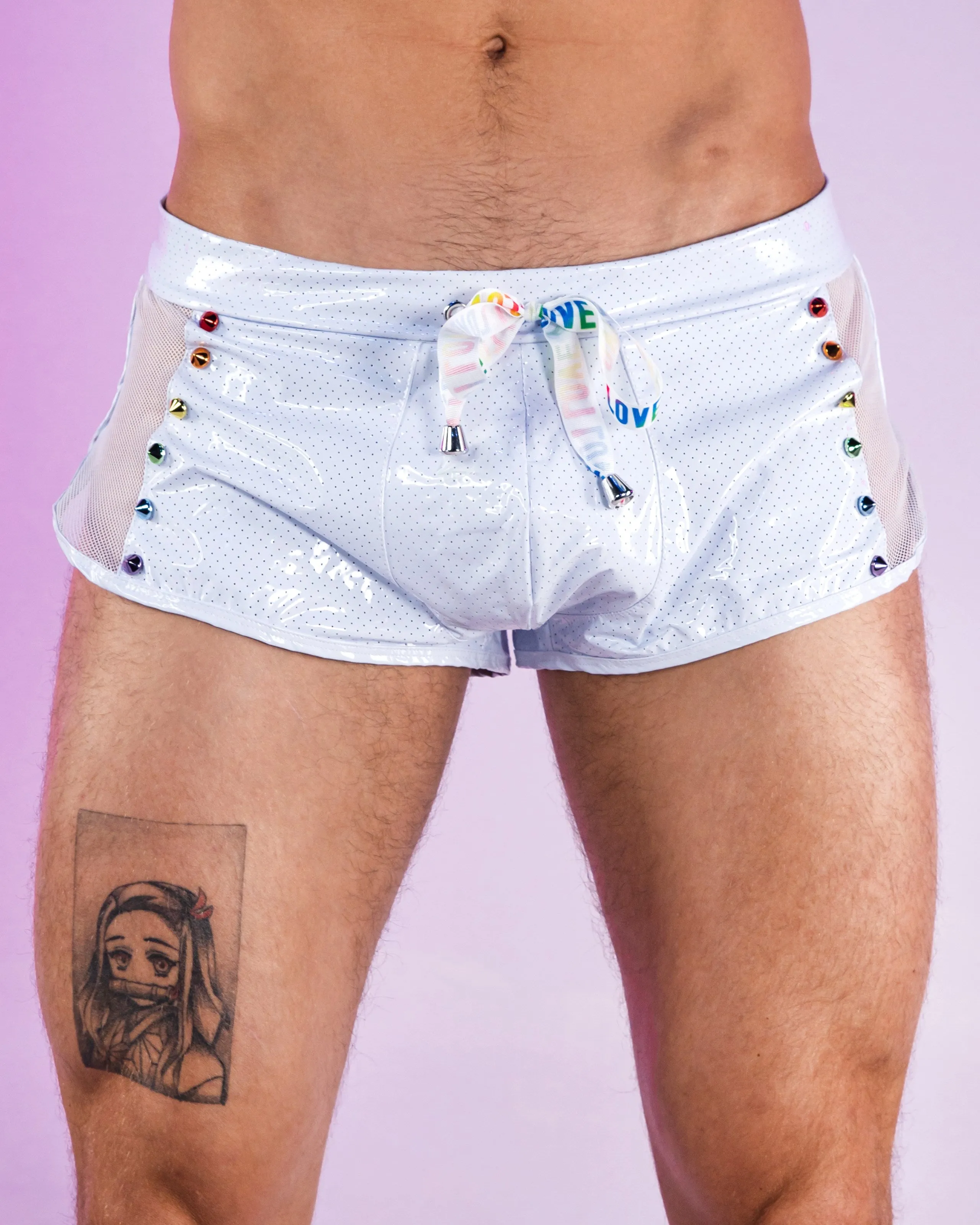 Rainbow Love Pride Men's Mesh Vinyl Runner Shorts w/ Stud Details
