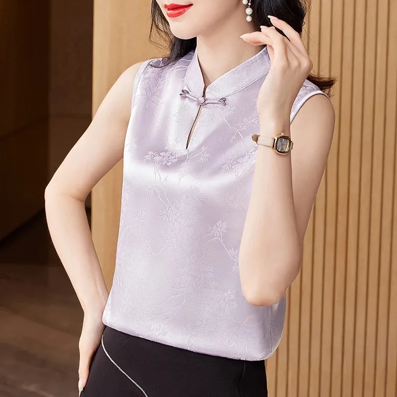 Retro style Jacquard Sleeveless Vest Tops Fashion Silk Satin Blouse Stand Collar Women Shirt