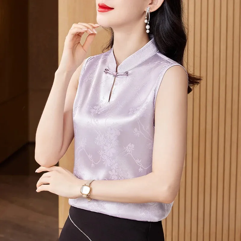 Retro style Jacquard Sleeveless Vest Tops Fashion Silk Satin Blouse Stand Collar Women Shirt