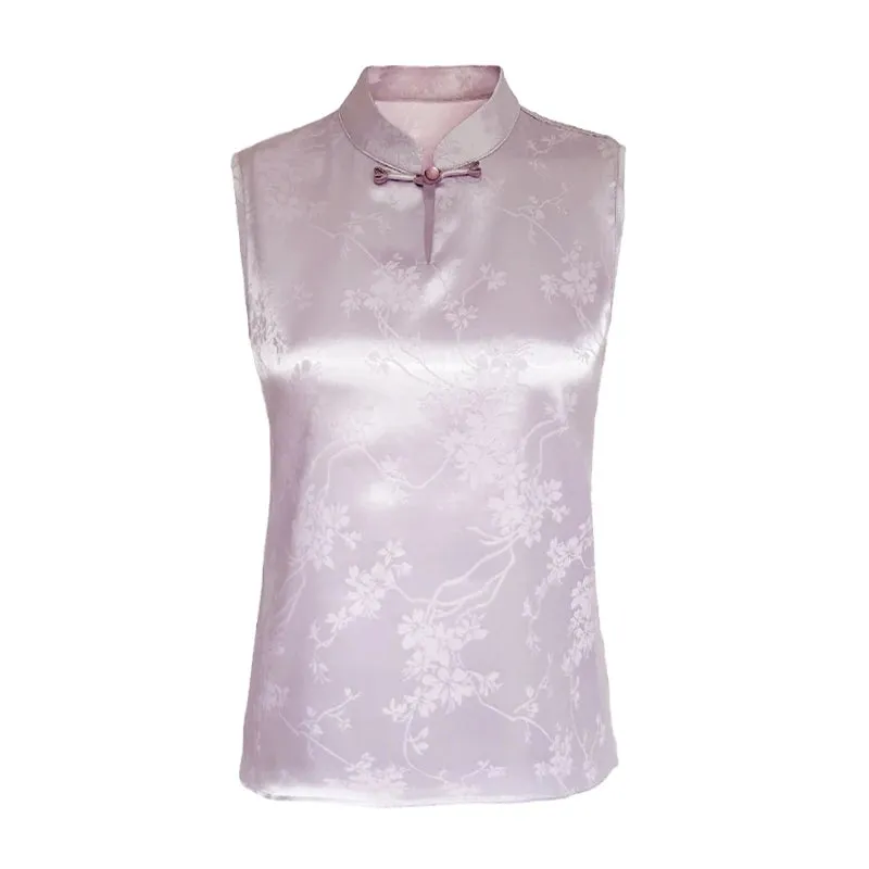 Retro style Jacquard Sleeveless Vest Tops Fashion Silk Satin Blouse Stand Collar Women Shirt