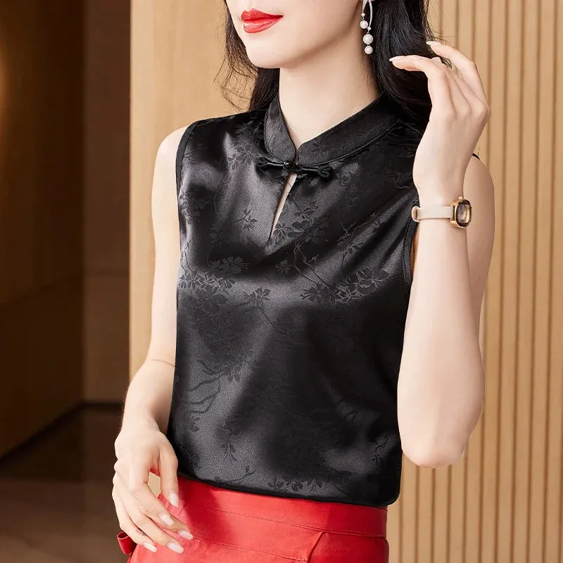 Retro style Jacquard Sleeveless Vest Tops Fashion Silk Satin Blouse Stand Collar Women Shirt