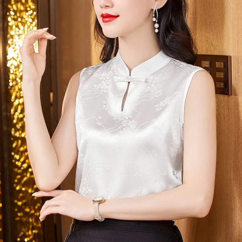 Retro style Jacquard Sleeveless Vest Tops Fashion Silk Satin Blouse Stand Collar Women Shirt