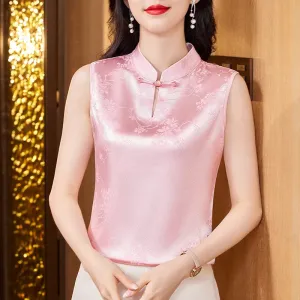 Retro style Jacquard Sleeveless Vest Tops Fashion Silk Satin Blouse Stand Collar Women Shirt