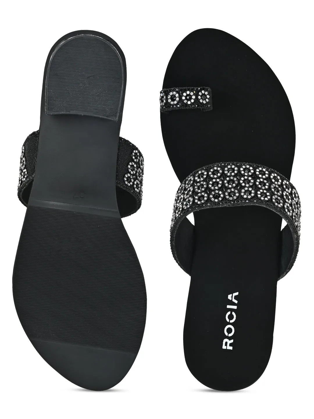 Rocia By Regal Black Women Diamond Embellished Box Heel Sandals