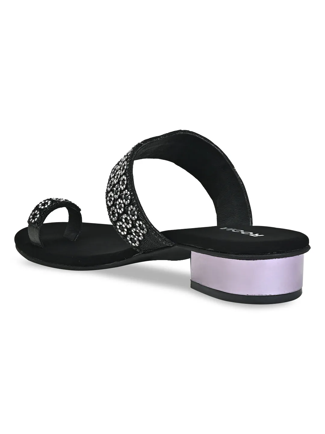Rocia By Regal Black Women Diamond Embellished Box Heel Sandals