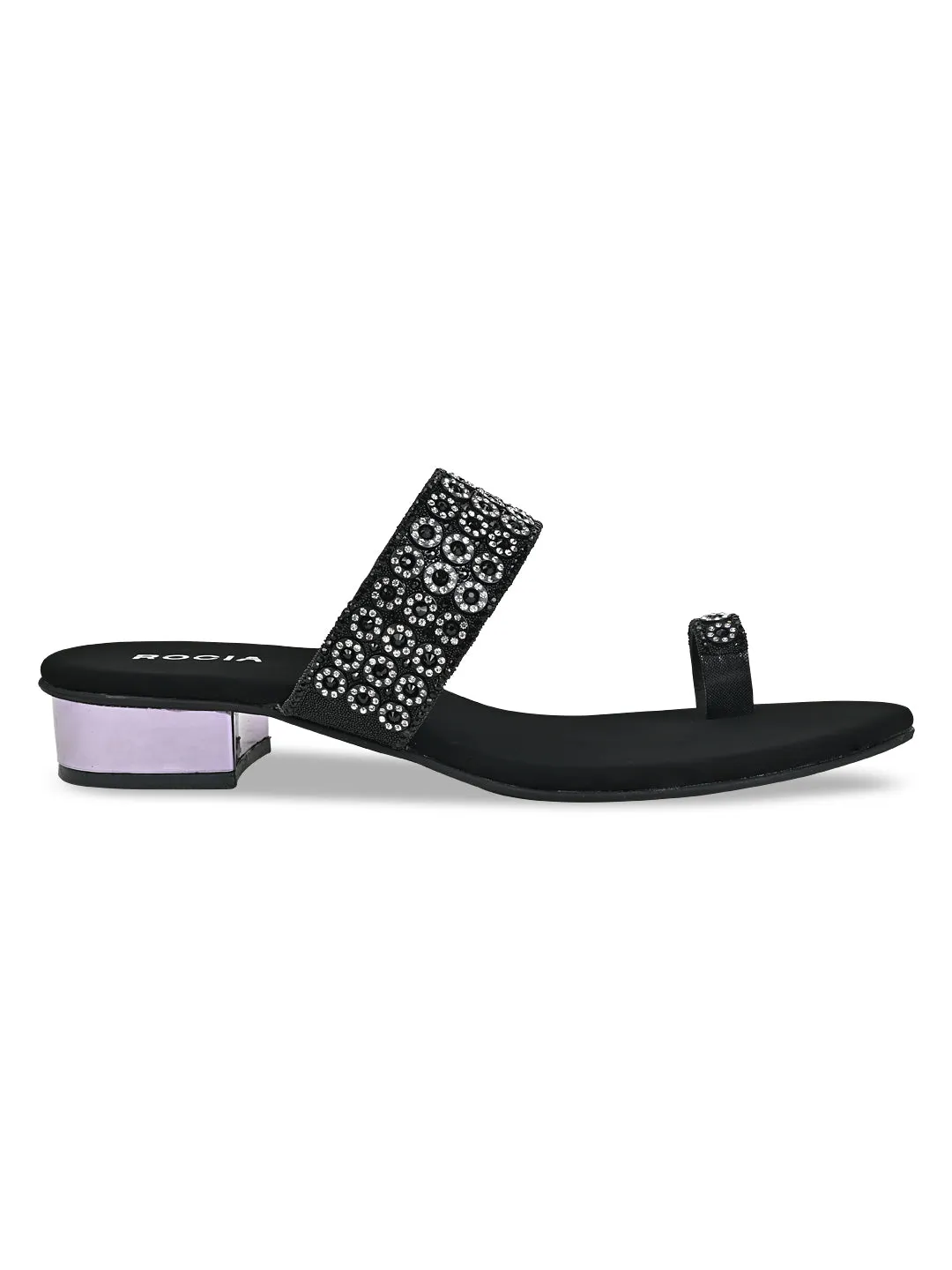 Rocia By Regal Black Women Diamond Embellished Box Heel Sandals