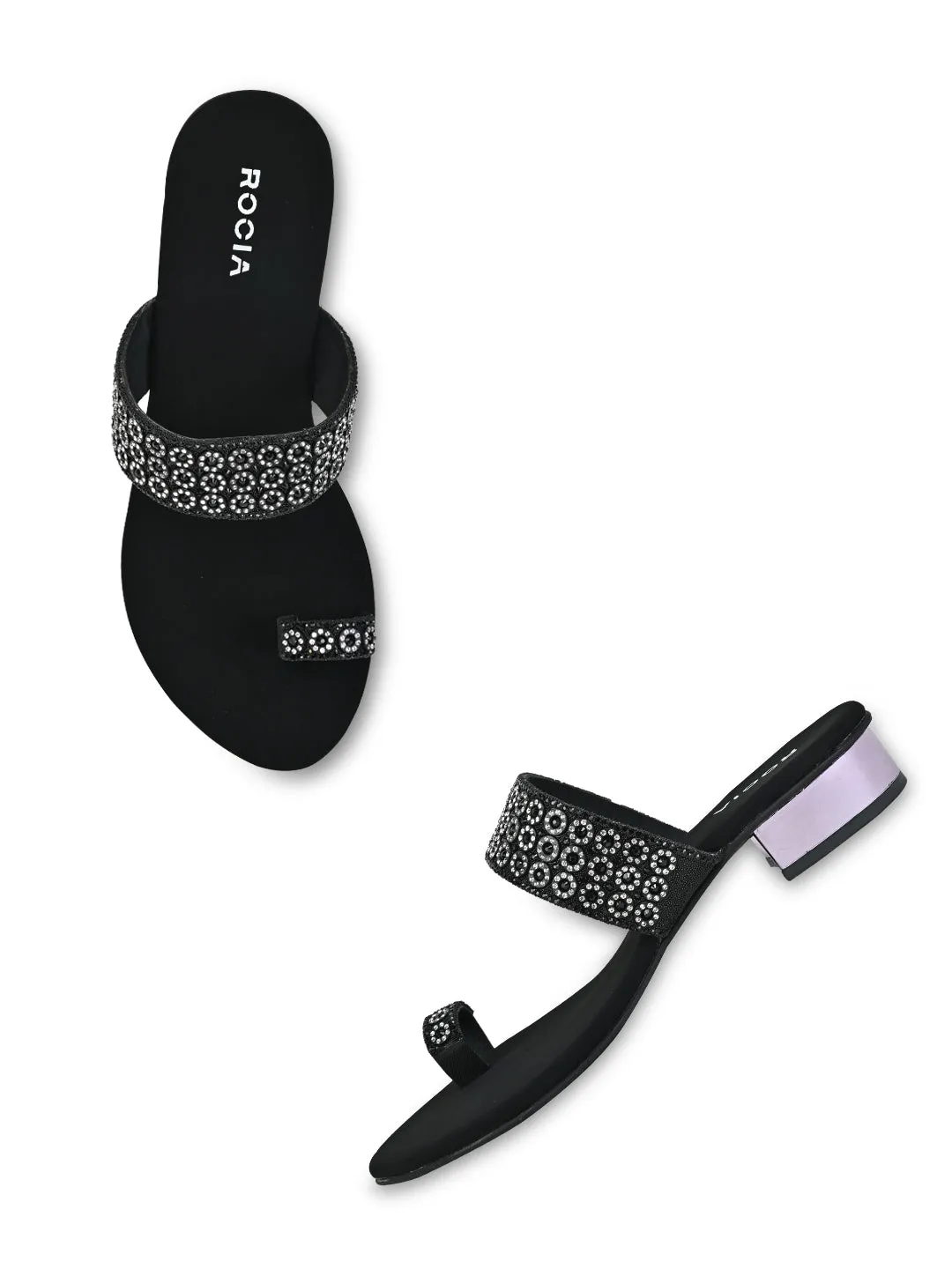 Rocia By Regal Black Women Diamond Embellished Box Heel Sandals