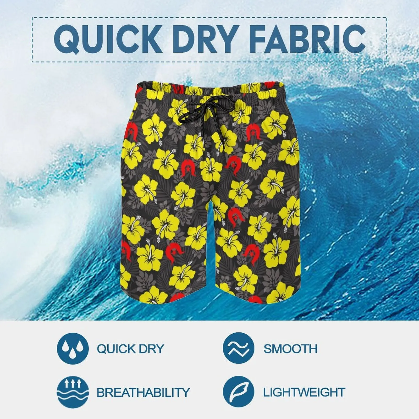 Royal yellow Hibiscus with Red Dhari on Men's Board Shorts