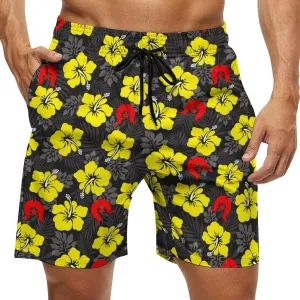 Royal yellow Hibiscus with Red Dhari on Men's Board Shorts