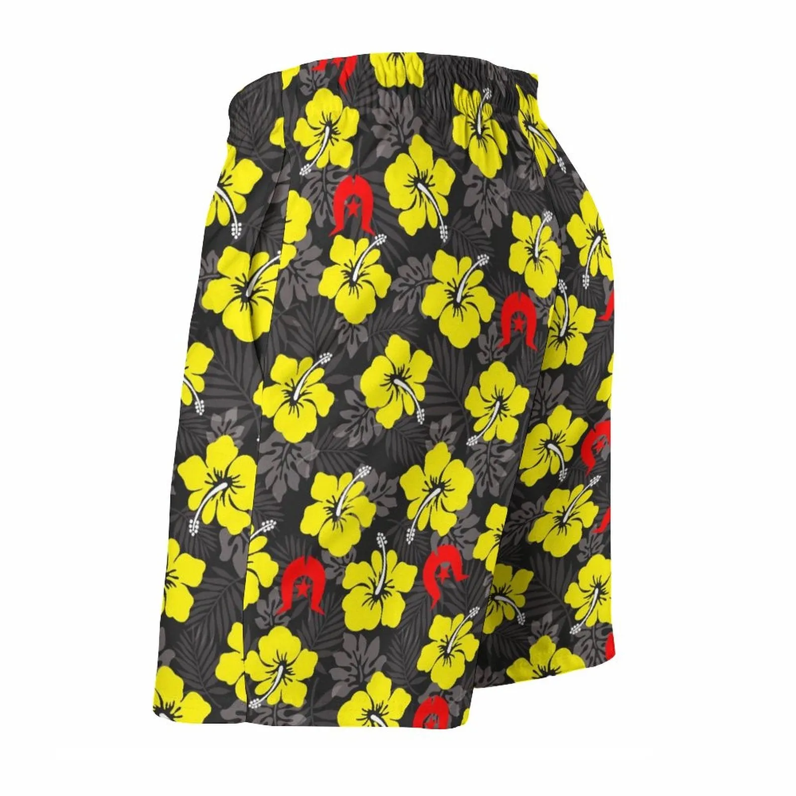 Royal yellow Hibiscus with Red Dhari on Men's Board Shorts