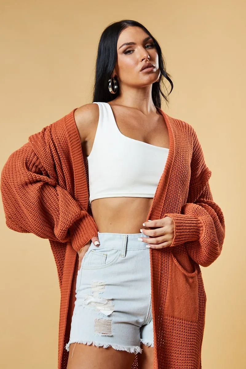 Rust Longline Knit  Maxi Cardigan - Ema