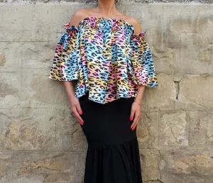 Satin Top, Off Shoulder Blouse, Colorful Top with Bell Sleeves, Animal Print Blouse, Extravagant Clothing, Plus Size Top, Open Back Blouse