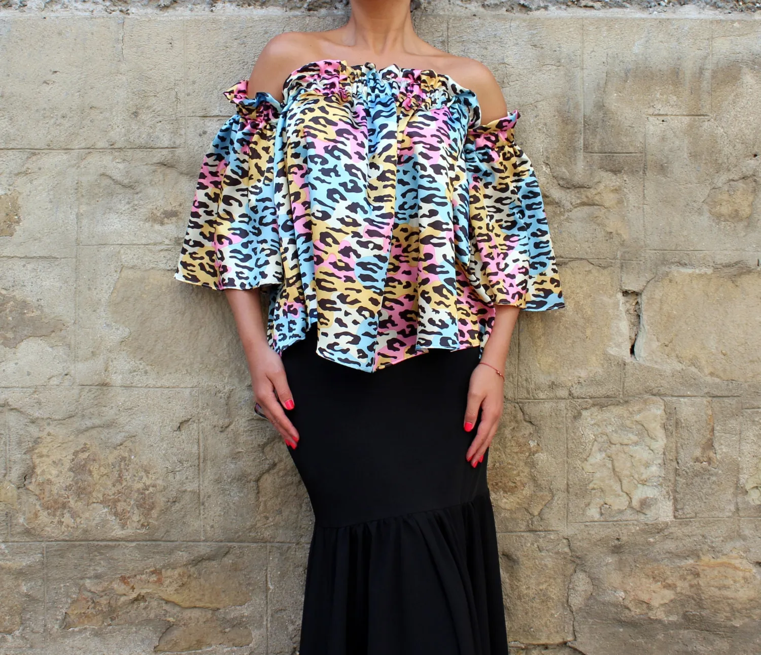 Satin Top, Off Shoulder Blouse, Colorful Top with Bell Sleeves, Animal Print Blouse, Extravagant Clothing, Plus Size Top, Open Back Blouse