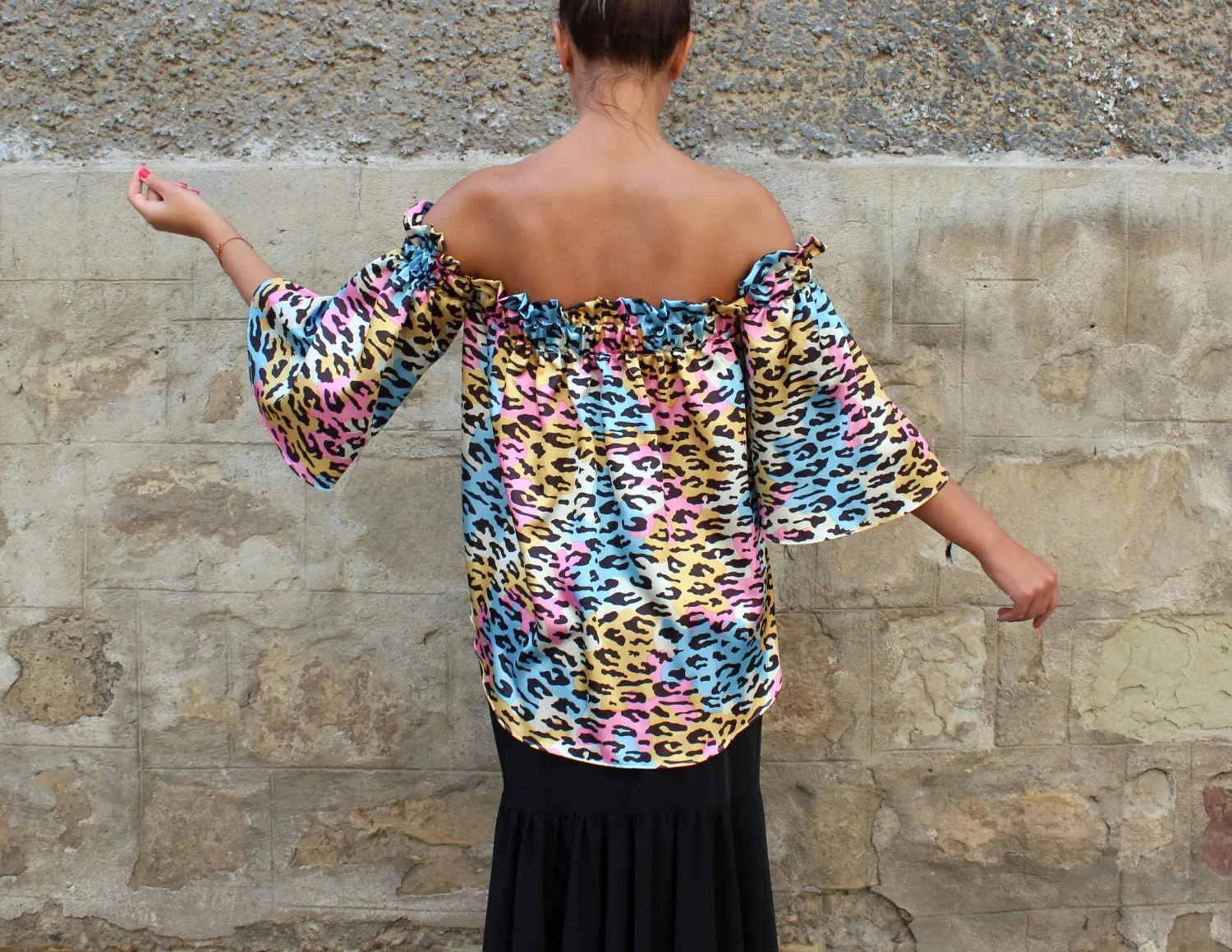 Satin Top, Off Shoulder Blouse, Colorful Top with Bell Sleeves, Animal Print Blouse, Extravagant Clothing, Plus Size Top, Open Back Blouse