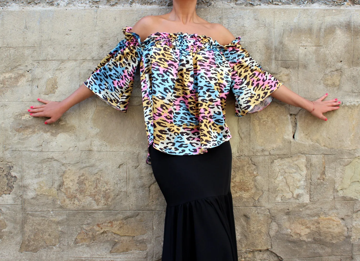Satin Top, Off Shoulder Blouse, Colorful Top with Bell Sleeves, Animal Print Blouse, Extravagant Clothing, Plus Size Top, Open Back Blouse