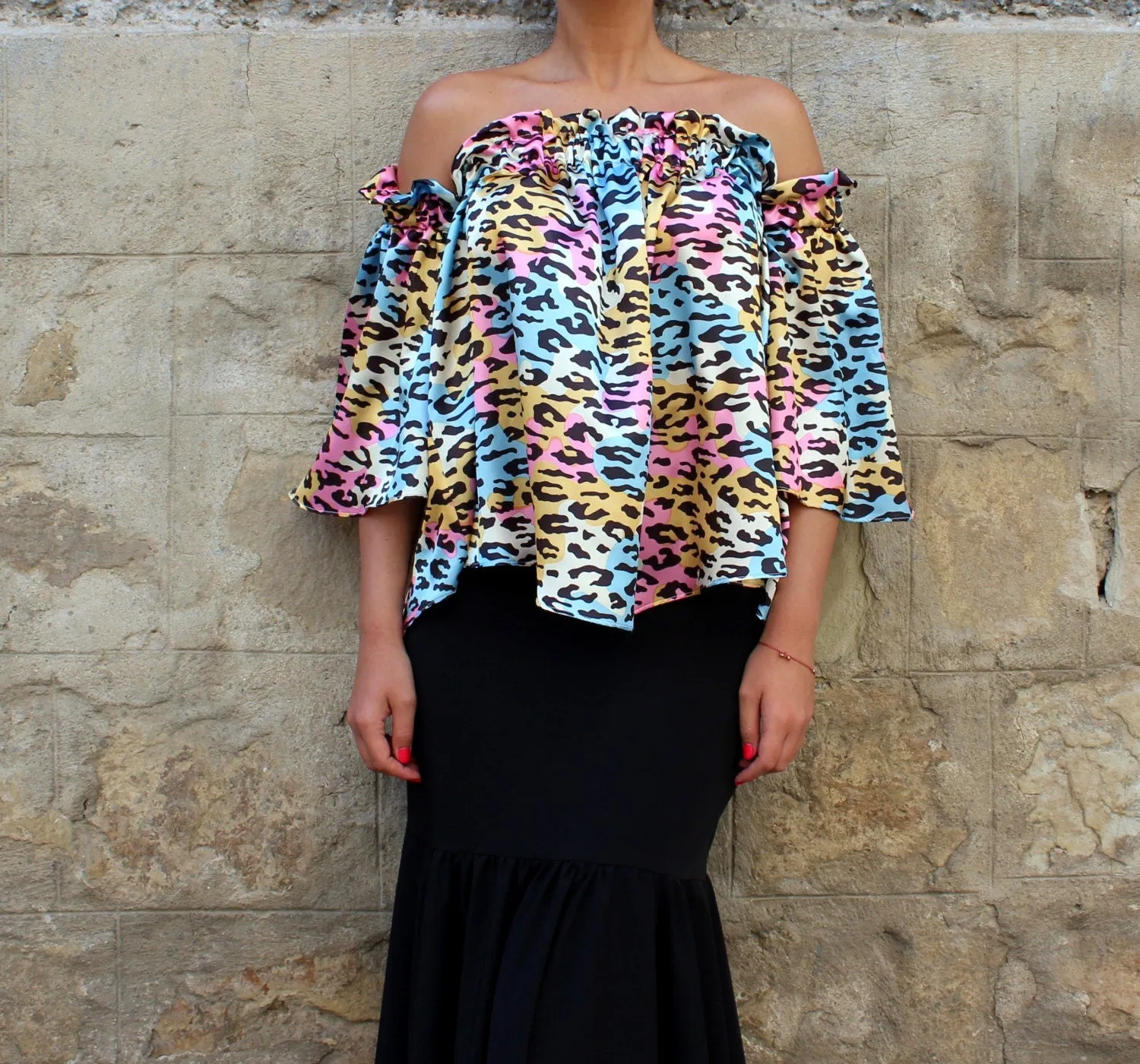 Satin Top, Off Shoulder Blouse, Colorful Top with Bell Sleeves, Animal Print Blouse, Extravagant Clothing, Plus Size Top, Open Back Blouse