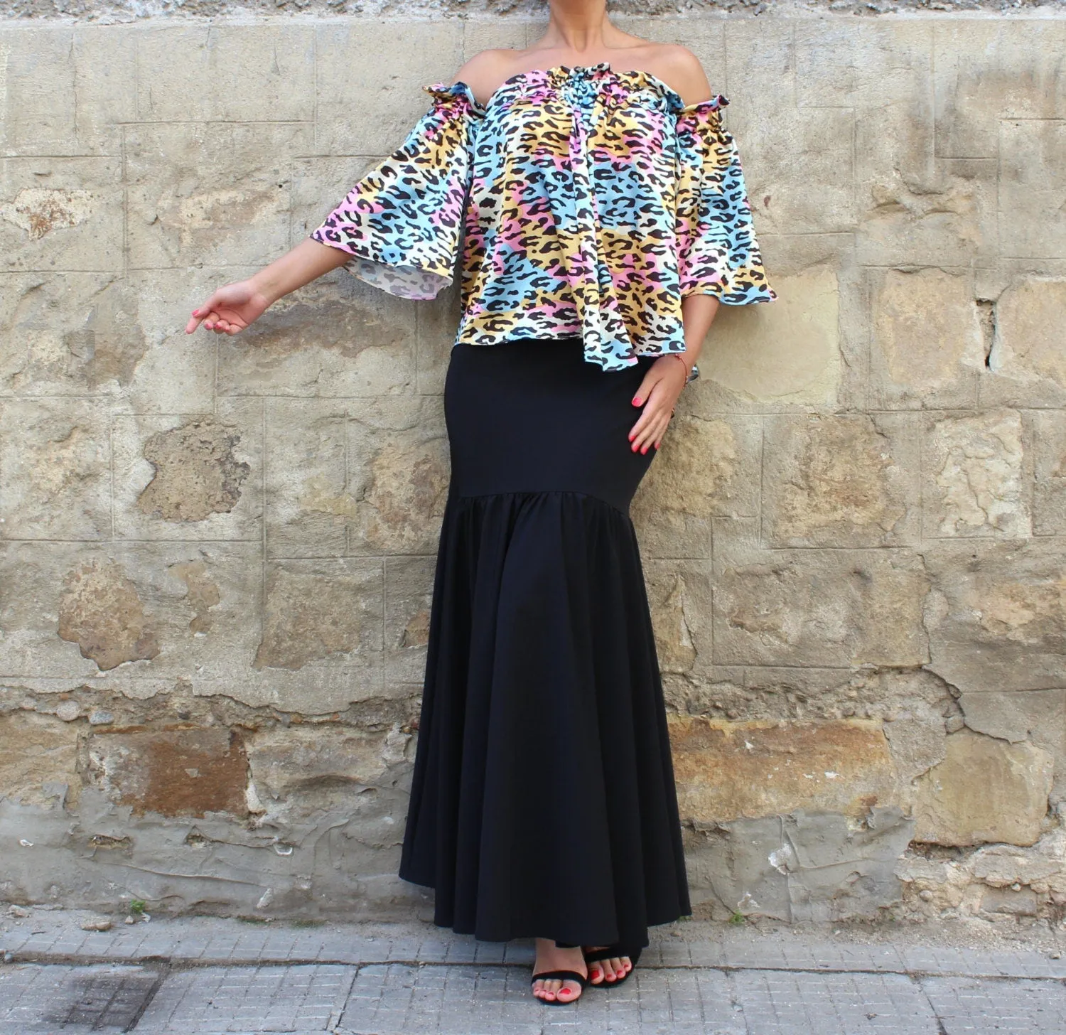 Satin Top, Off Shoulder Blouse, Colorful Top with Bell Sleeves, Animal Print Blouse, Extravagant Clothing, Plus Size Top, Open Back Blouse