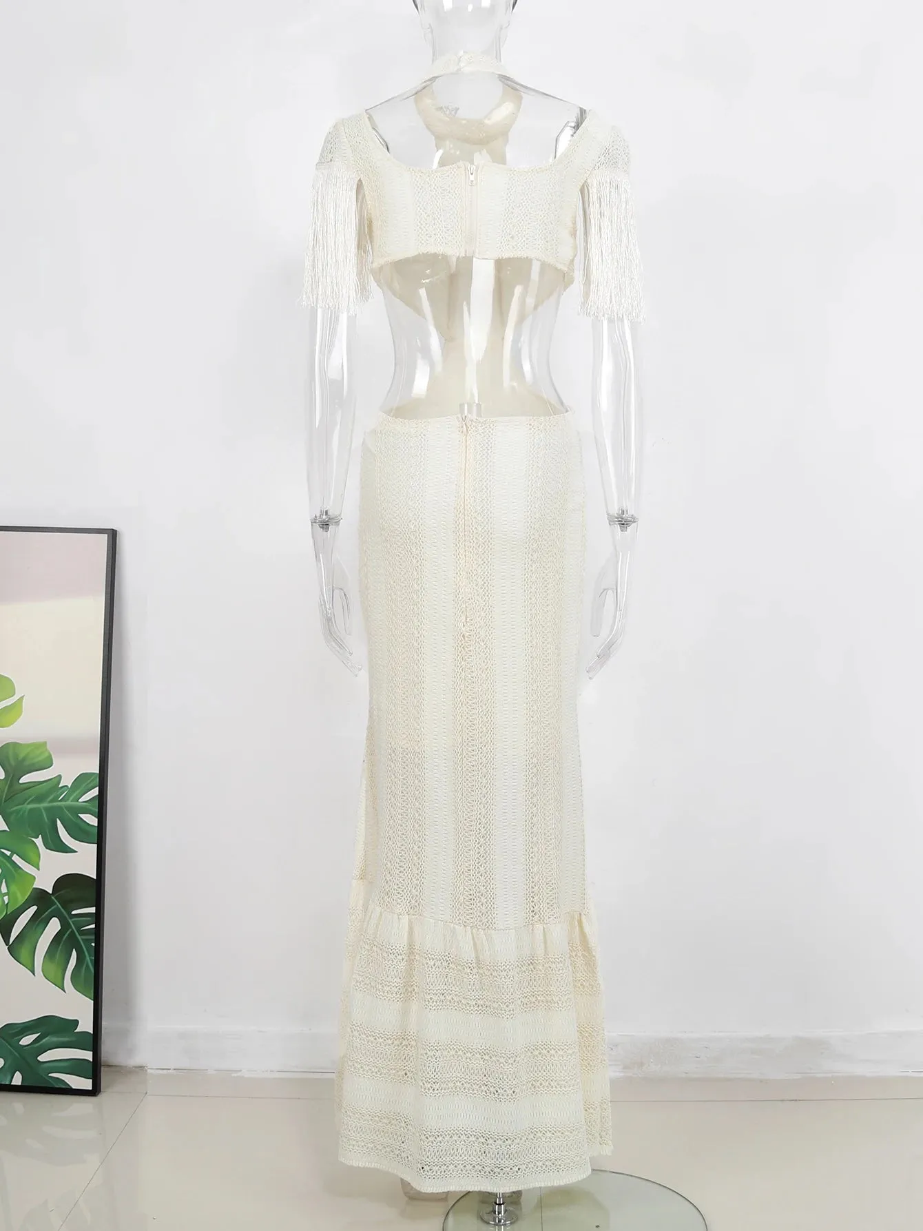 Sexy White Lace Dress Turtleneck Tassel Sleeve Slim Hollow Out Waist Long Dress Spring Summer Beach Maxi Dress