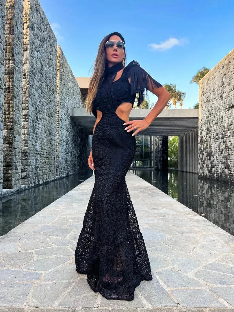 Sexy White Lace Dress Turtleneck Tassel Sleeve Slim Hollow Out Waist Long Dress Spring Summer Beach Maxi Dress