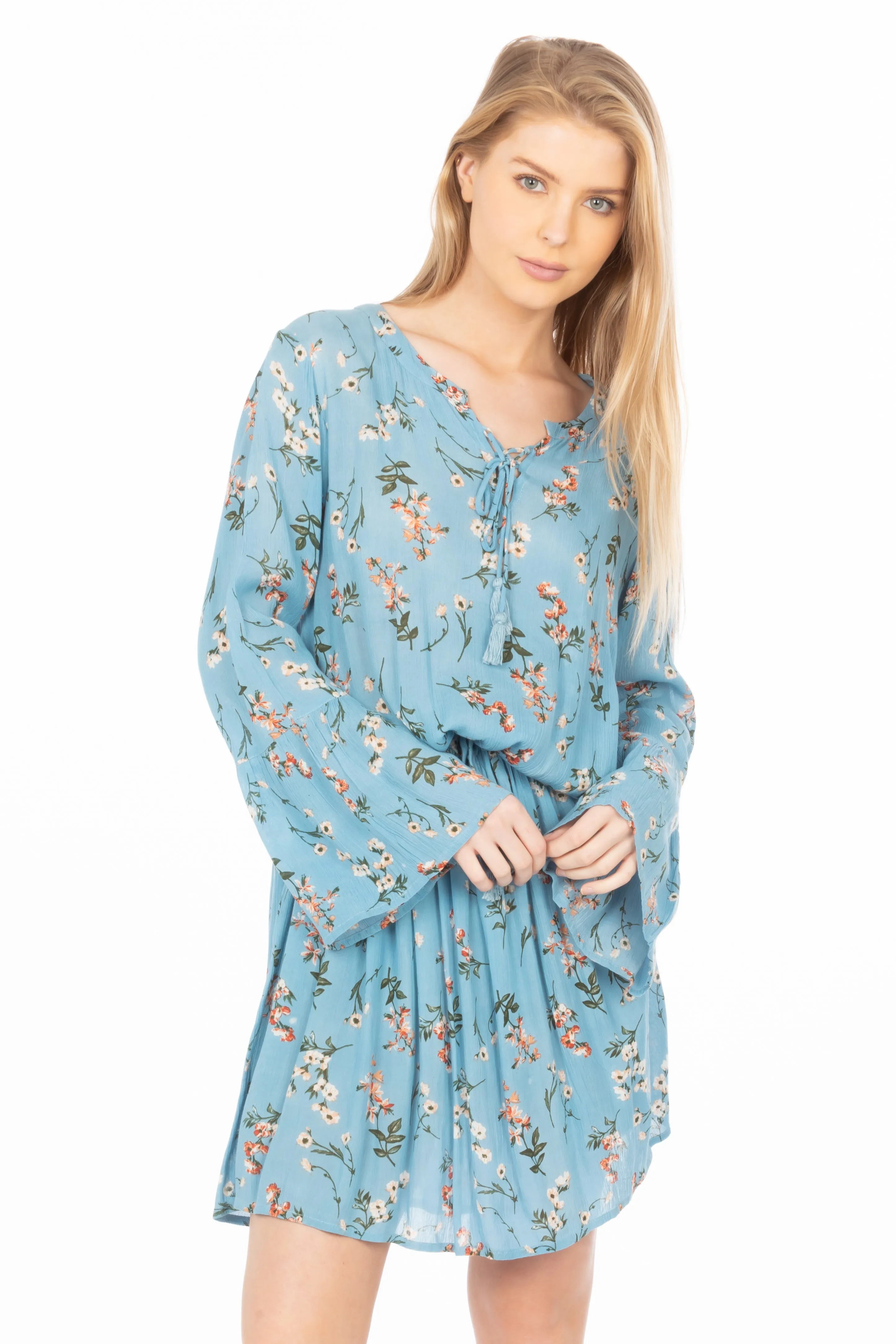 Short Floral Bohemian Dress with Drawstrings