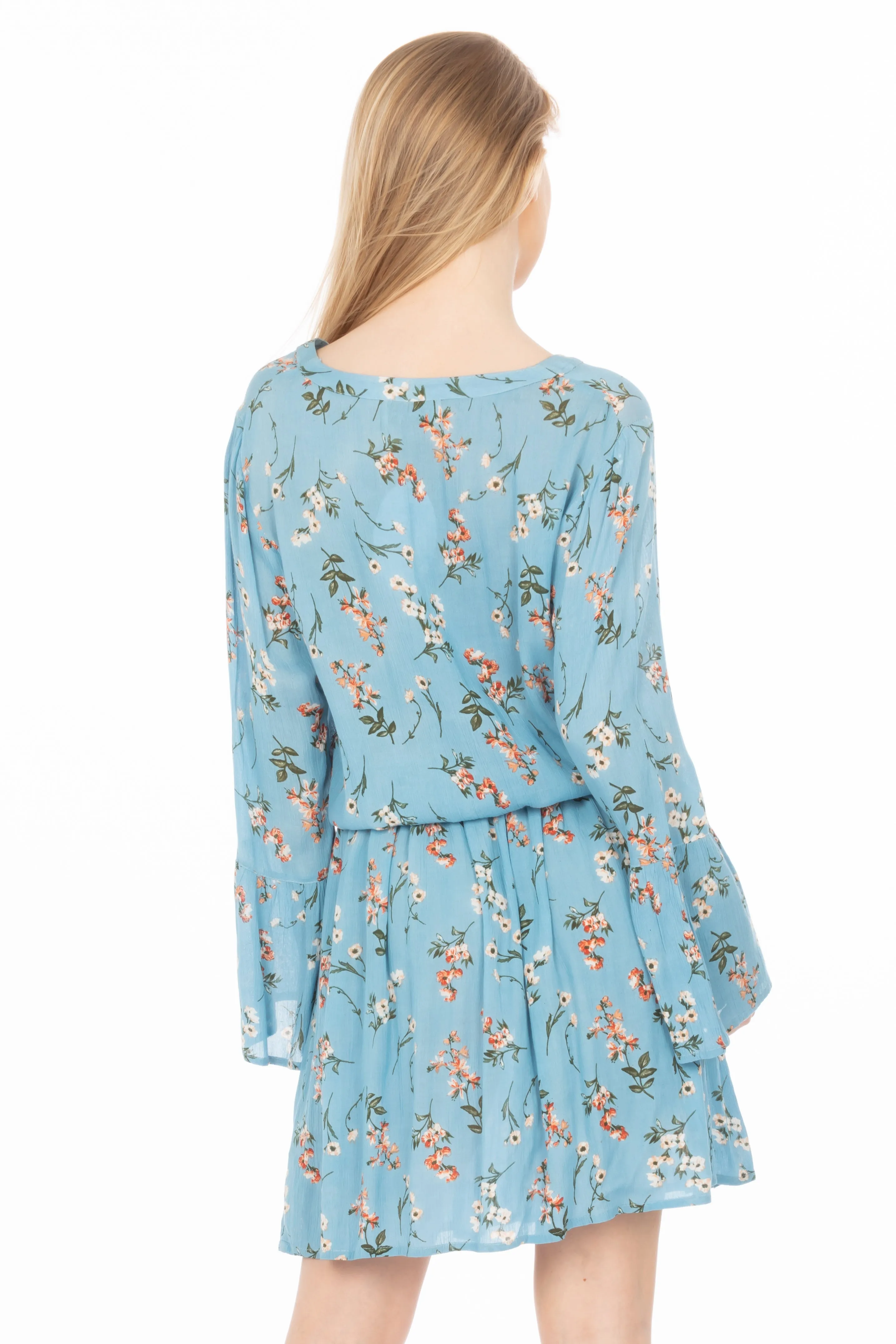 Short Floral Bohemian Dress with Drawstrings