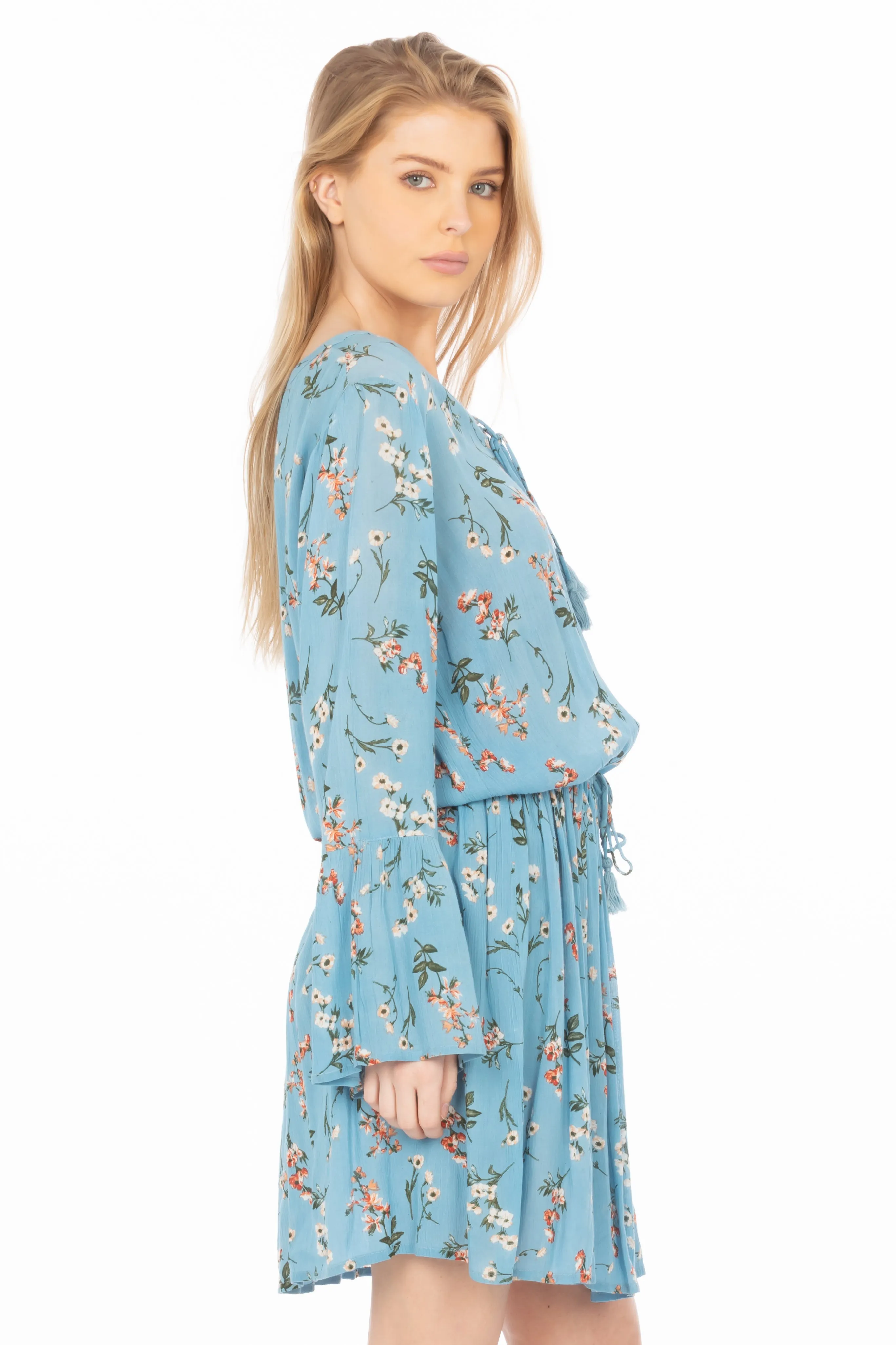 Short Floral Bohemian Dress with Drawstrings