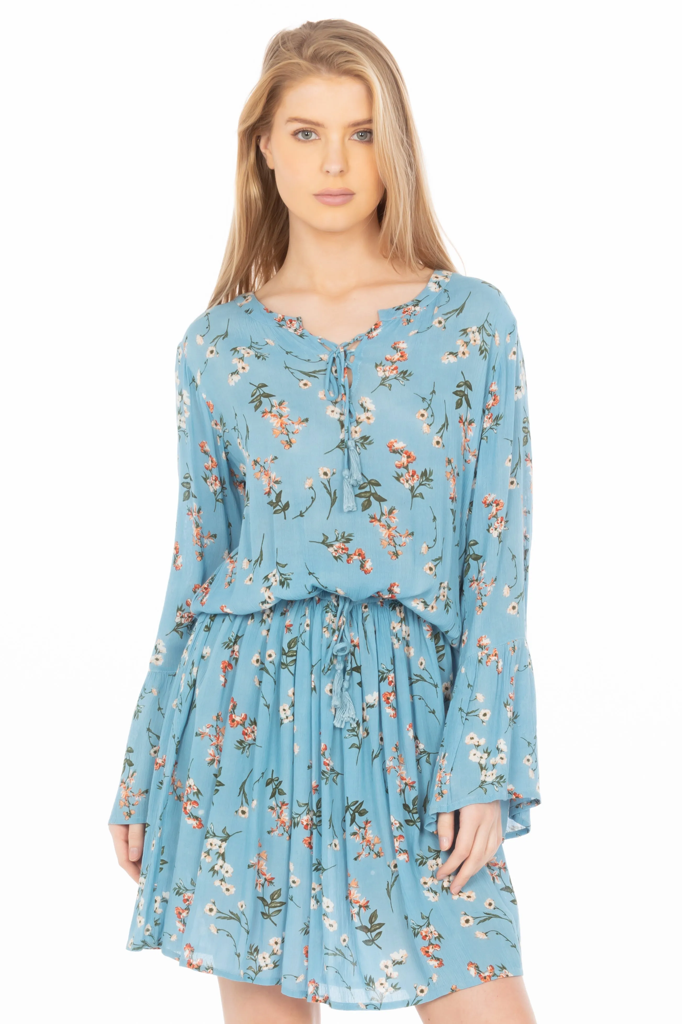 Short Floral Bohemian Dress with Drawstrings