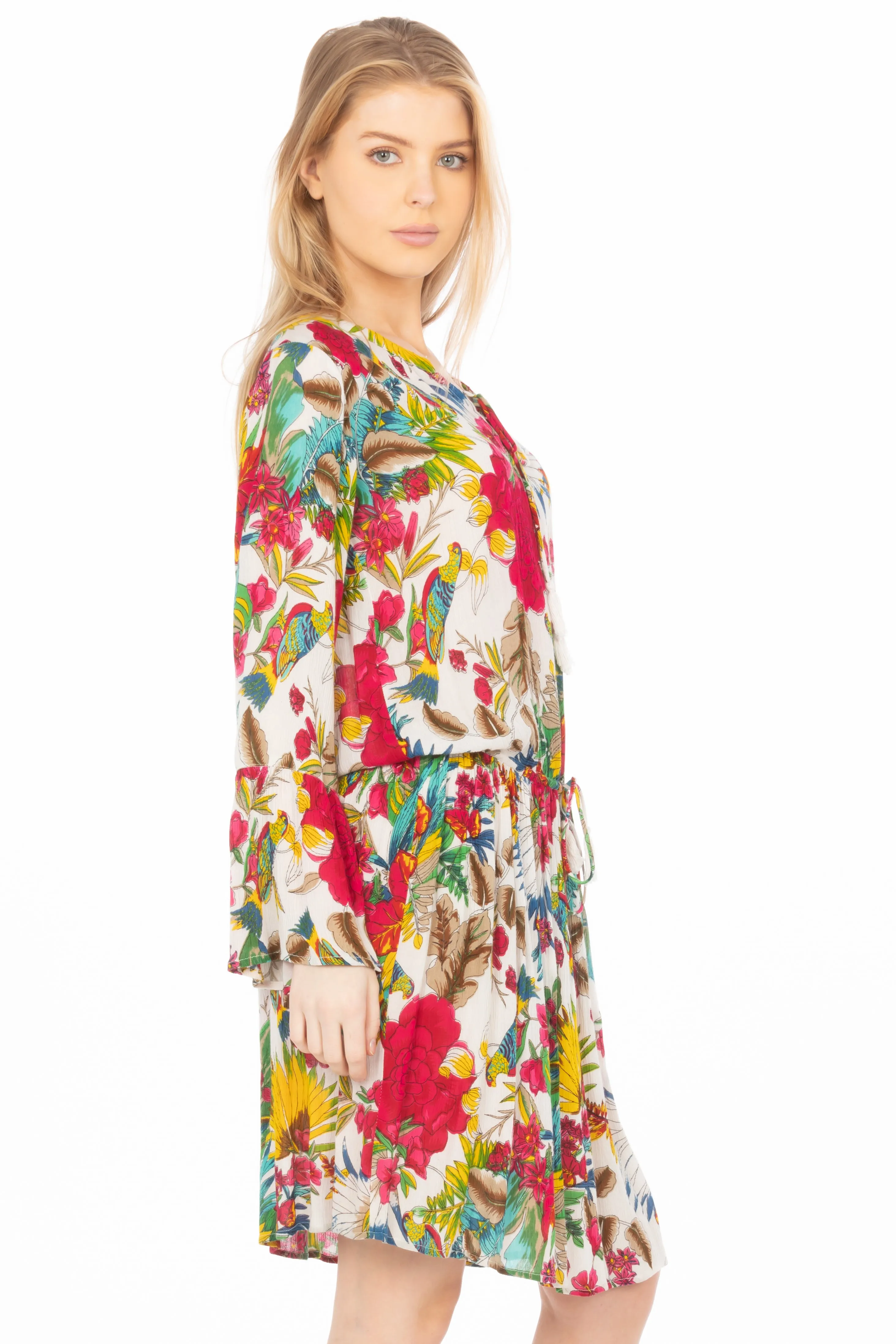 Short Floral Bohemian Dress with Drawstrings
