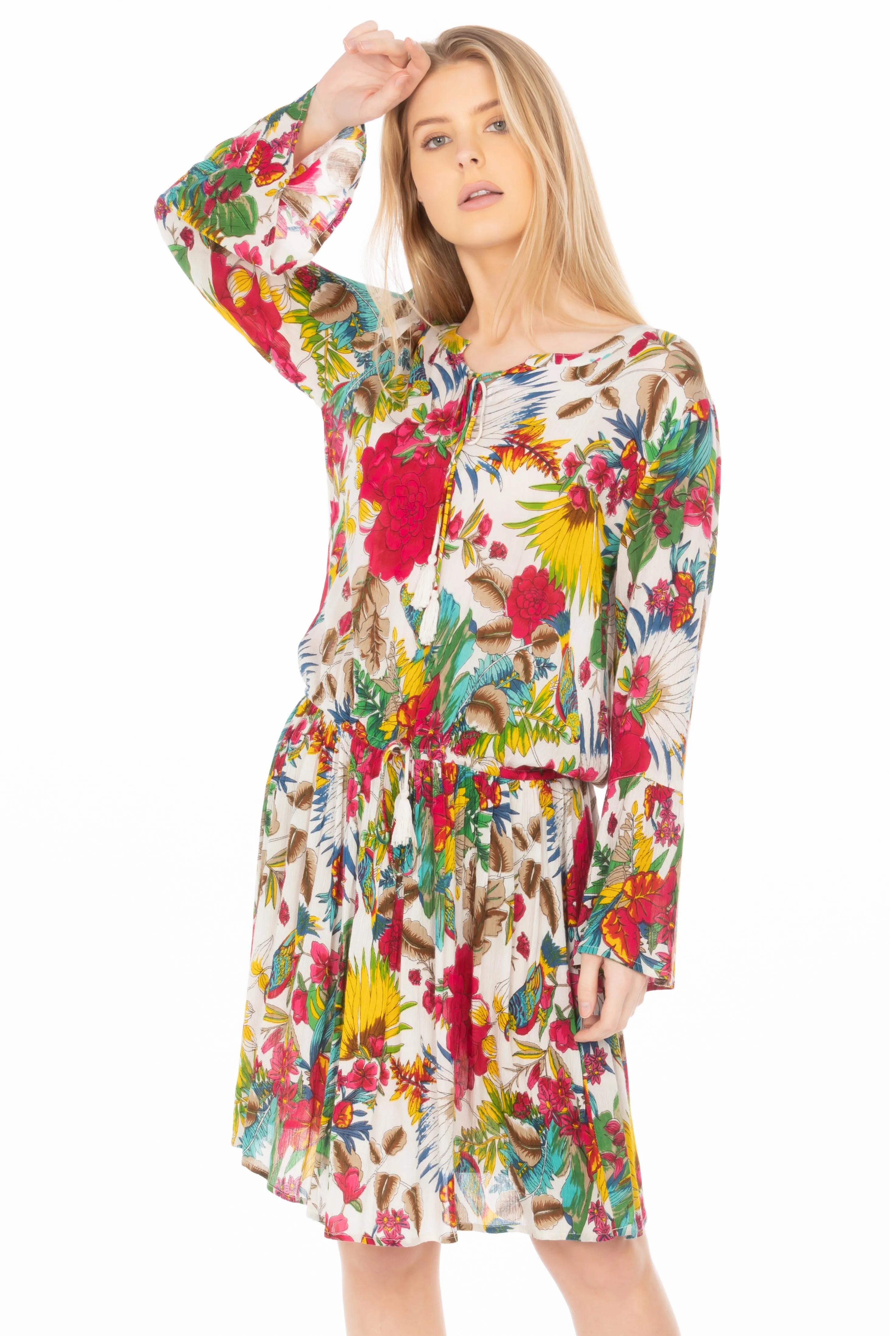 Short Floral Bohemian Dress with Drawstrings