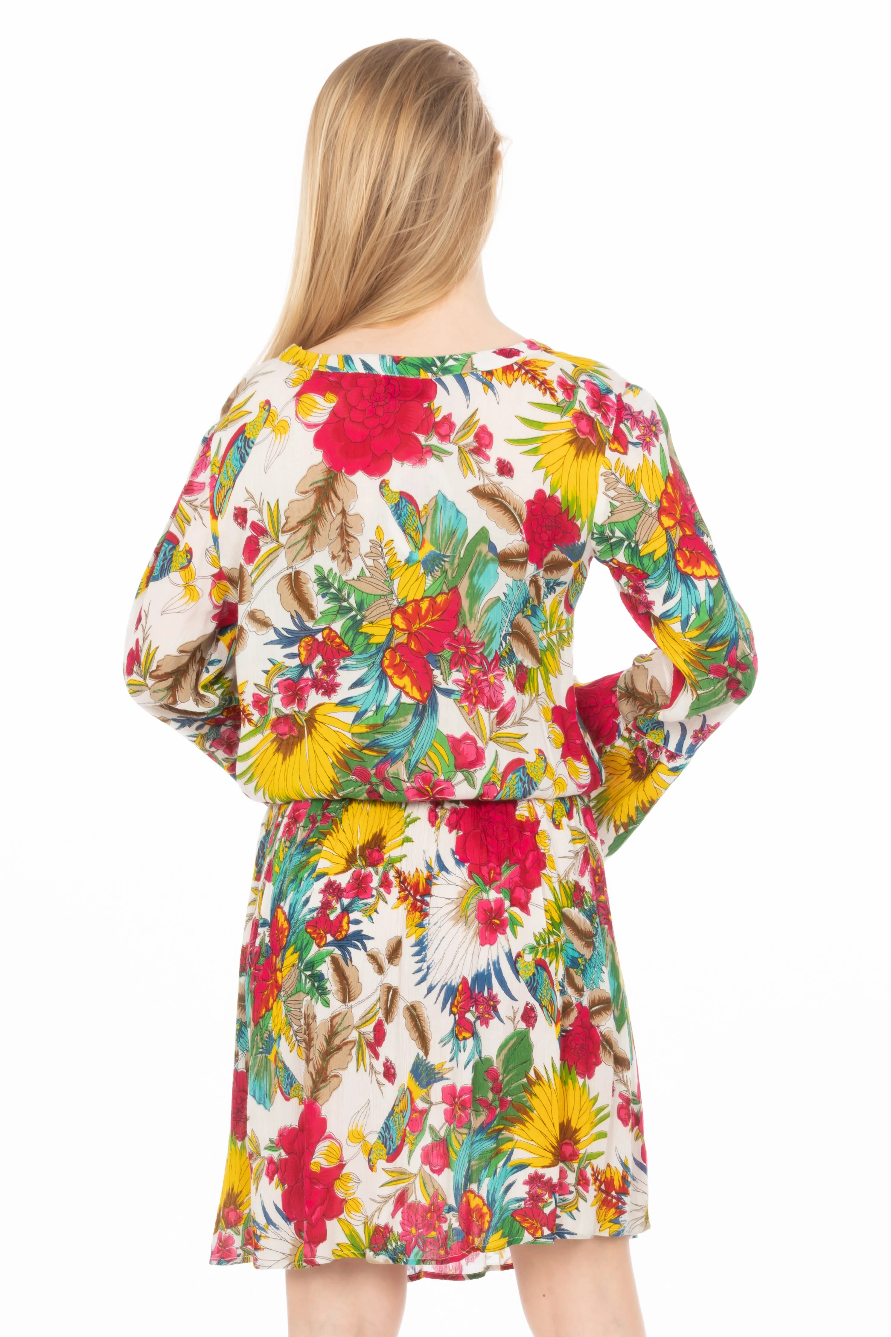 Short Floral Bohemian Dress with Drawstrings