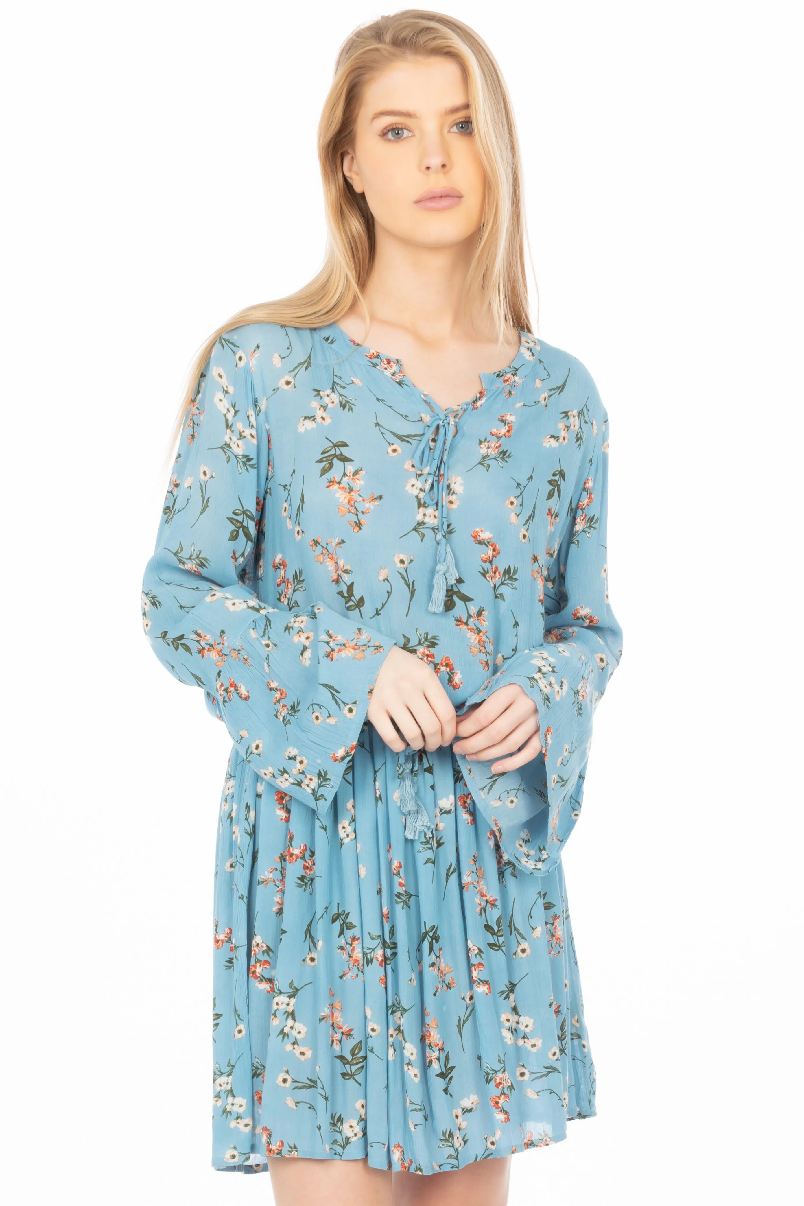 Short Floral Bohemian Dress with Drawstrings
