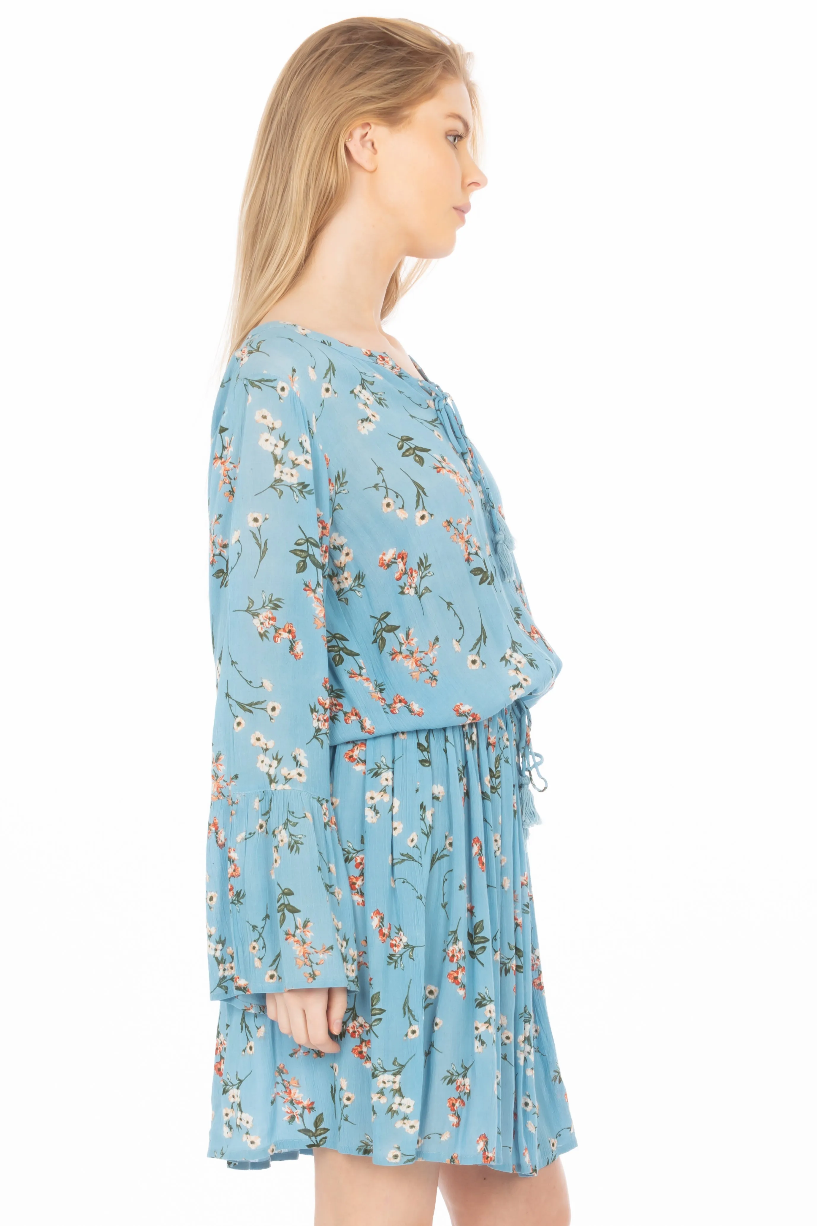 Short Floral Bohemian Dress with Drawstrings