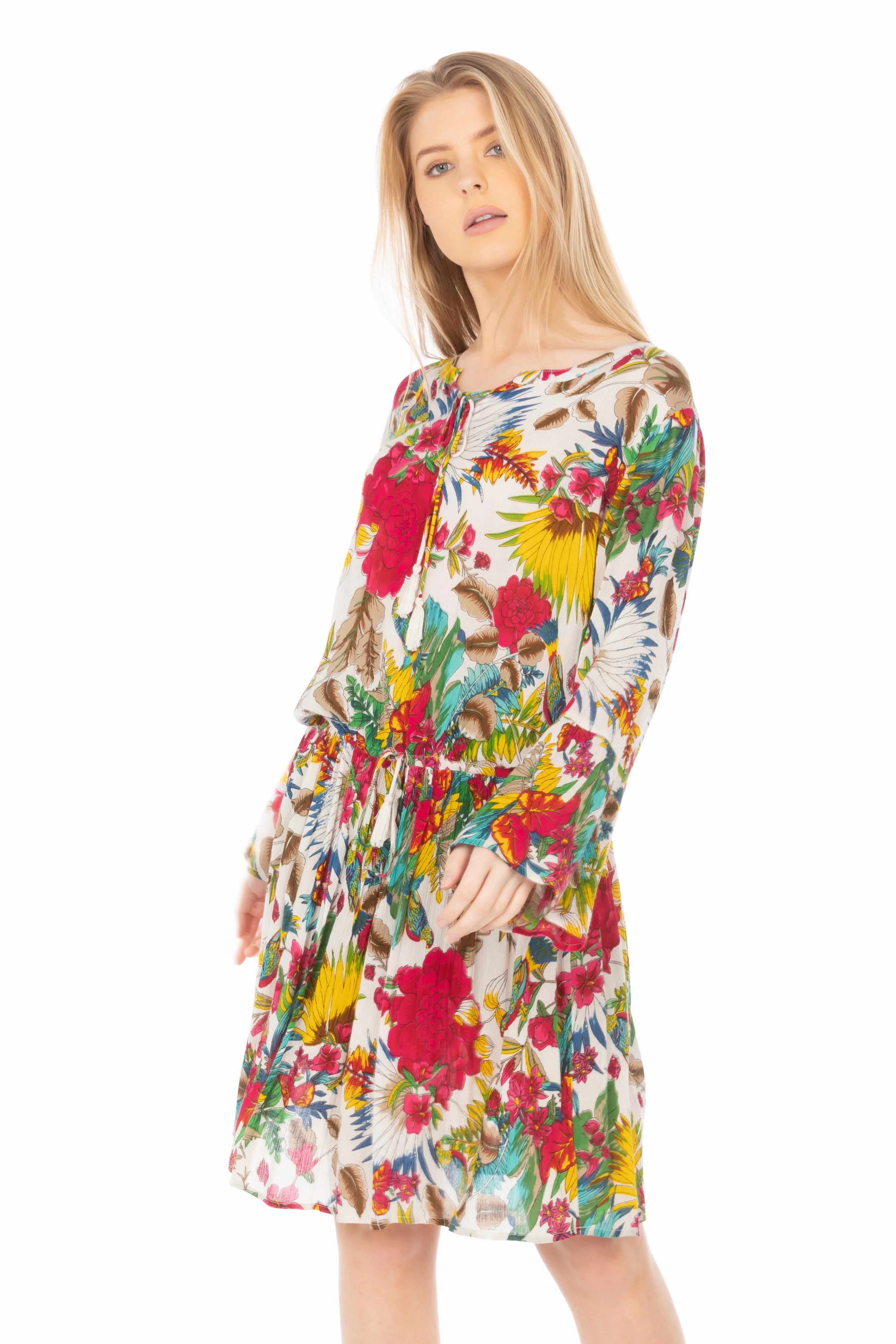 Short Floral Bohemian Dress with Drawstrings