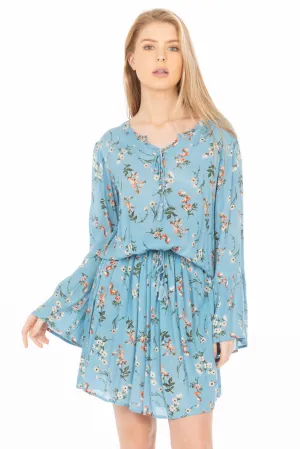 Short Floral Bohemian Dress with Drawstrings