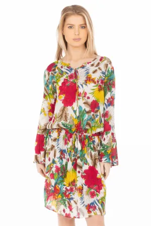 Short Floral Bohemian Dress with Drawstrings
