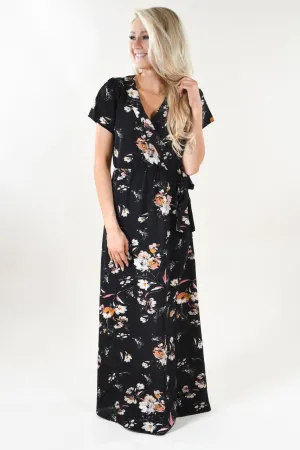 Short Sleeve Black Floral Maxi Dress