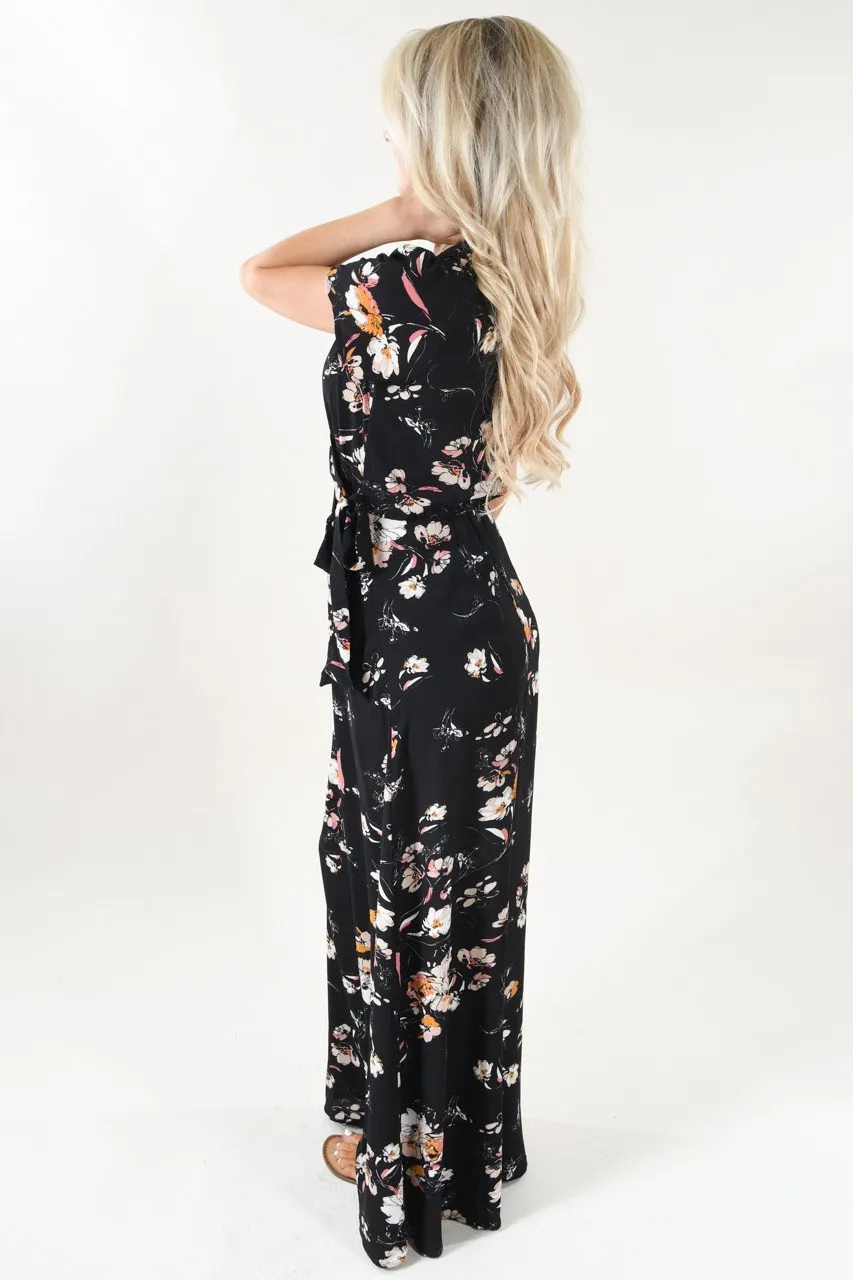 Short Sleeve Black Floral Maxi Dress