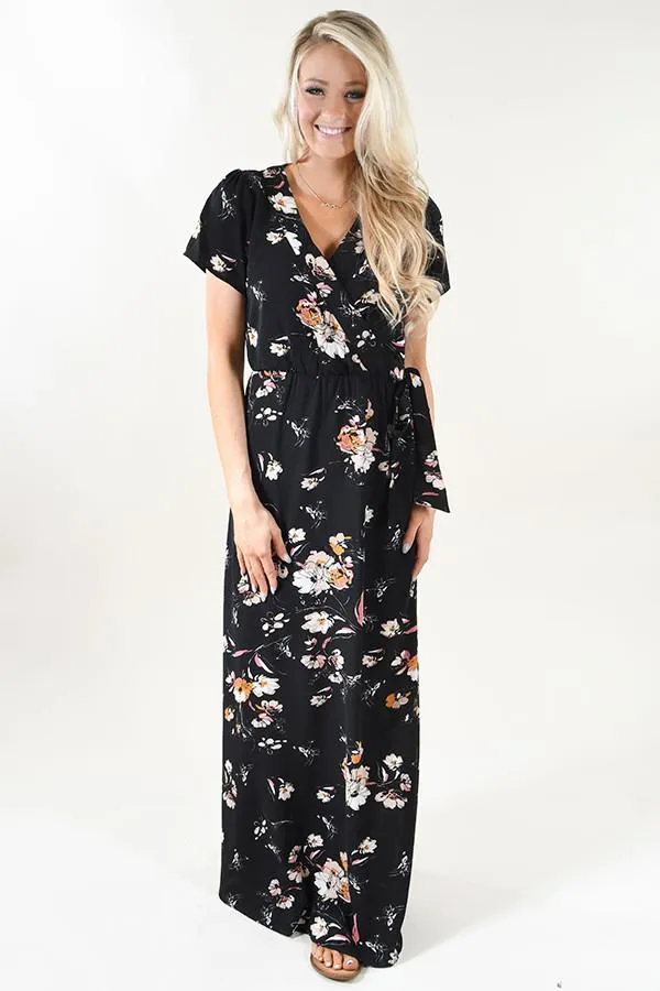 Short Sleeve Black Floral Maxi Dress