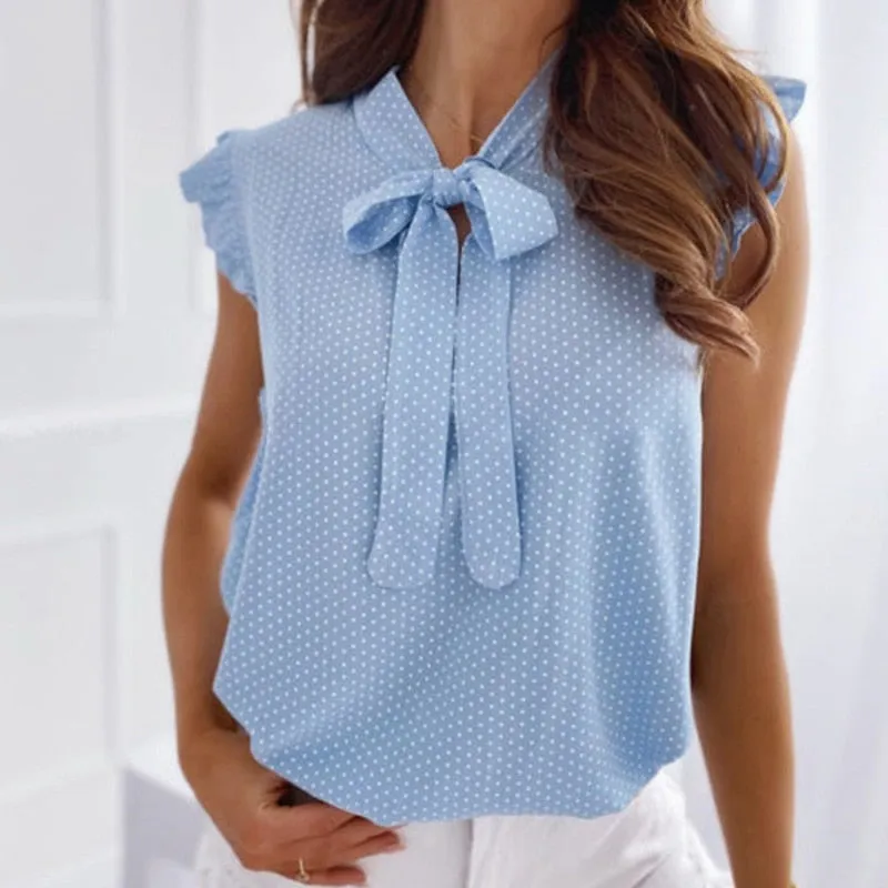 Sleeveless Polka Tie Bow Blouses