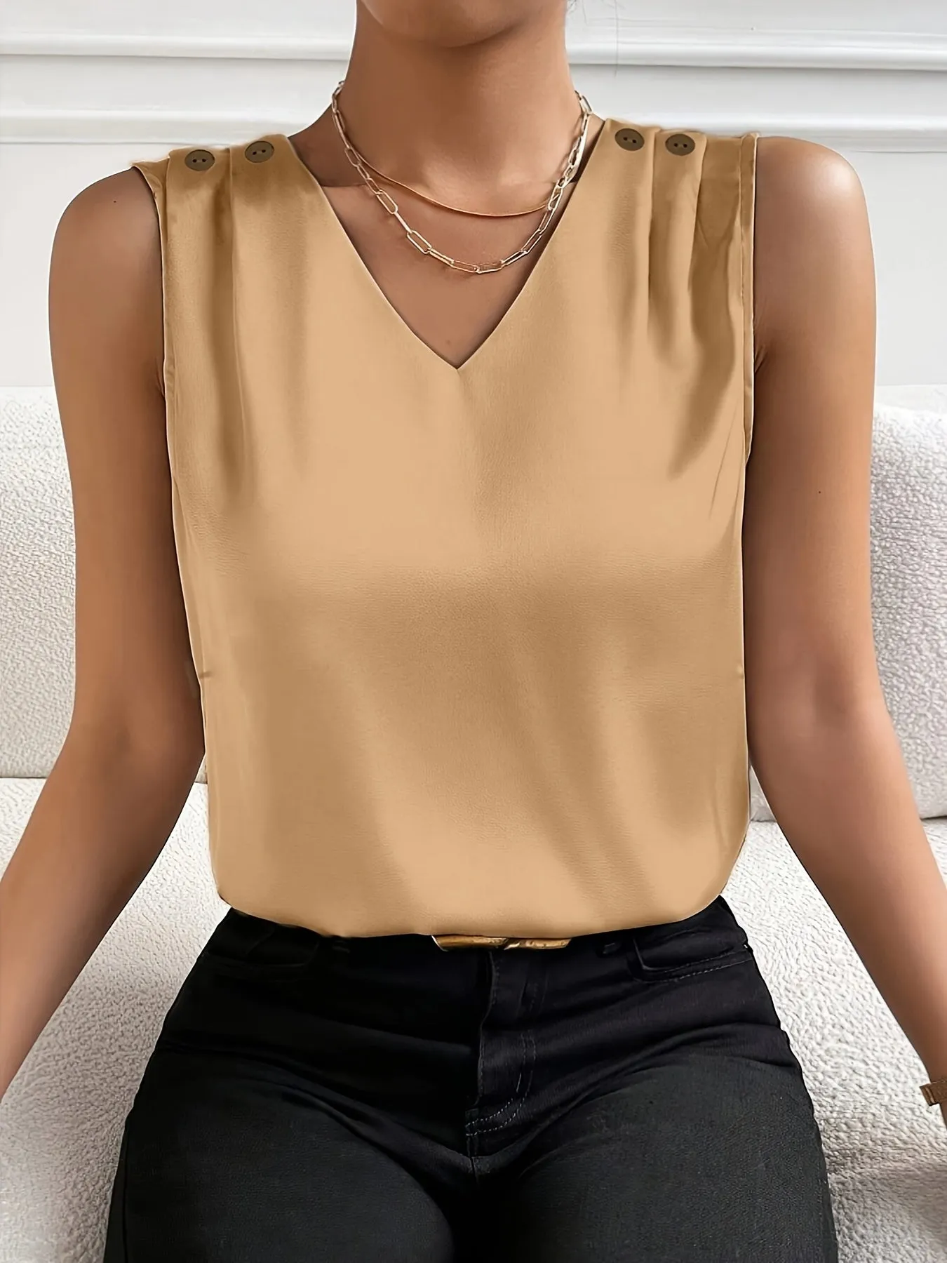 Sleeveless V-Neck Blouse - Solid Color Design & Light Fabric