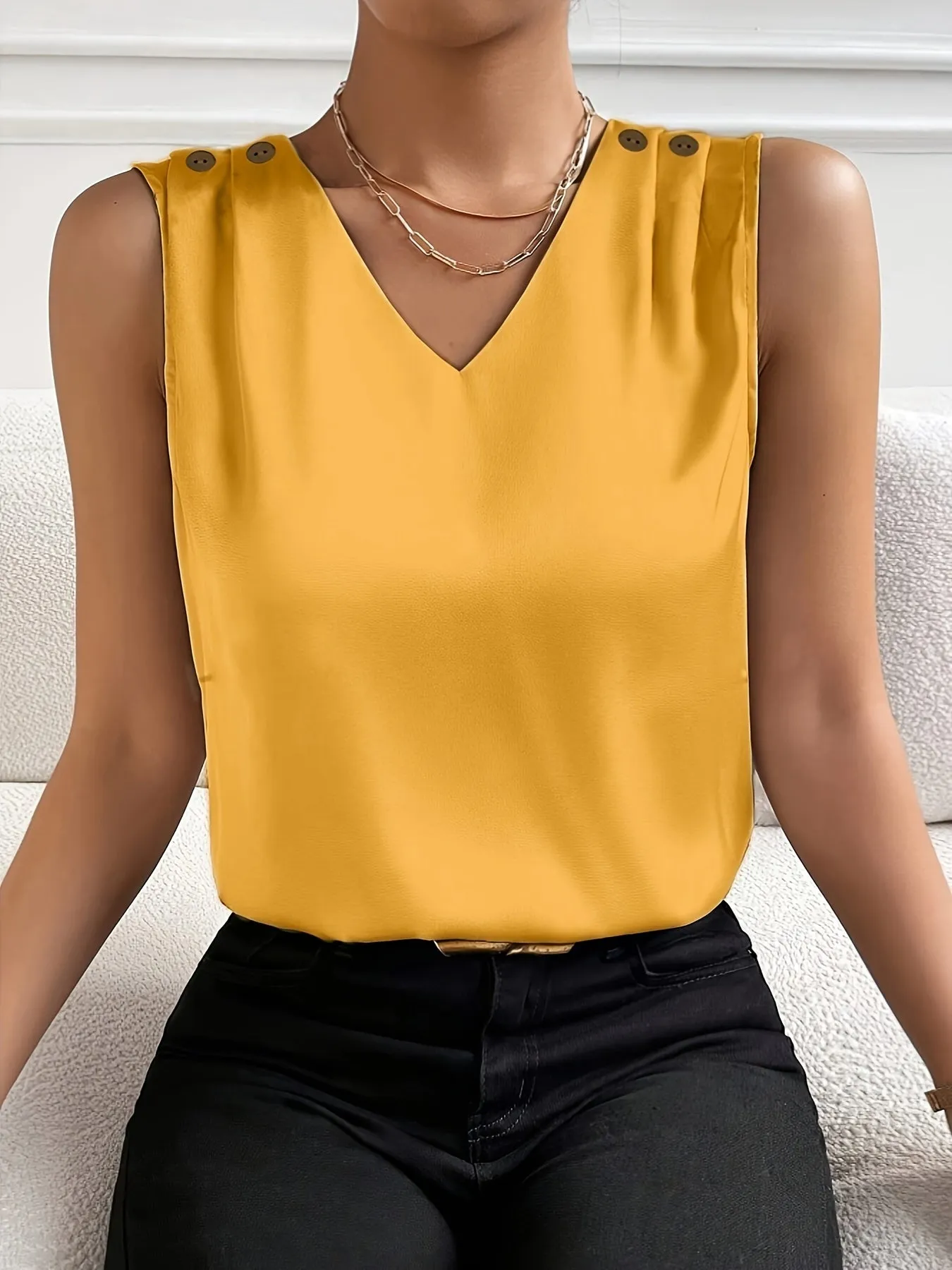 Sleeveless V-Neck Blouse - Solid Color Design & Light Fabric