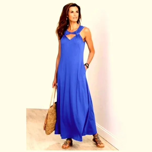Soft Surroundings Blue Maxi Long Dress Sundress Soft Stretch Pockets Vacation
